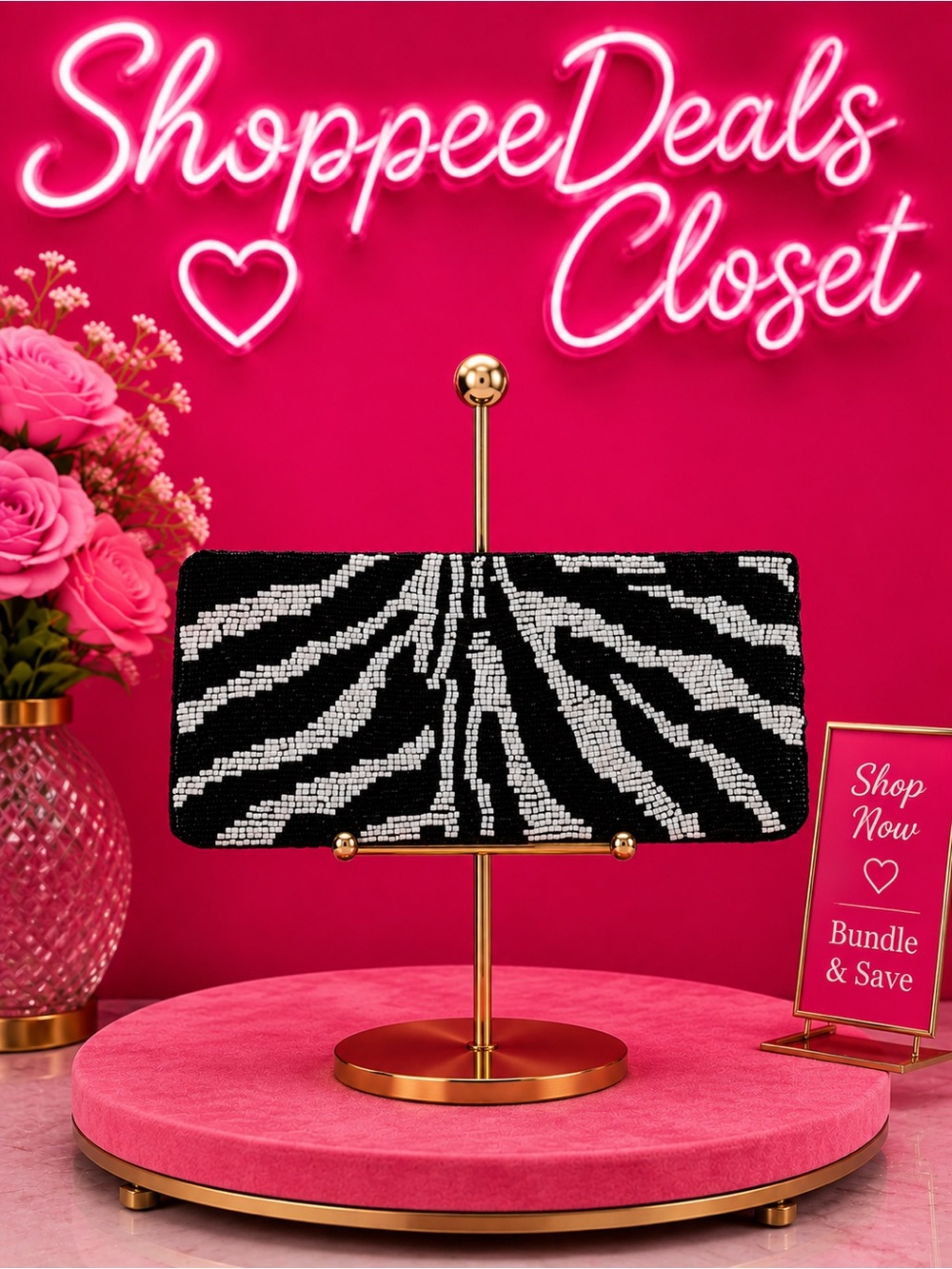 Cache Black & White Beaded Zebra Print Clutch Evening Bag